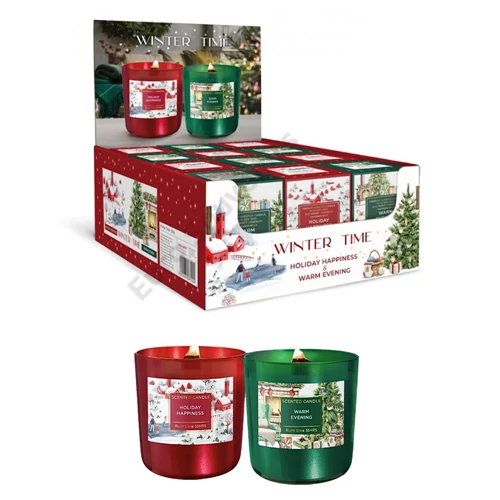 GYERTYA ILLATOS "WINTER TIME" 150 GR. 2 FÉLE SZÓJAVISZ,FAKANÓC 30 ÓRA