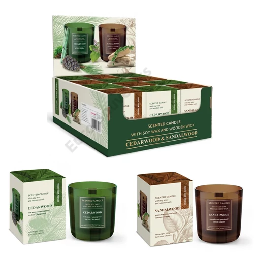 GYERTYA ILLATOS "CEDARWOOD,SANDALWOOD"150 GR. 2 FÉLE SZÓJAVIASZ,FAKANÓC 40 ÓRA