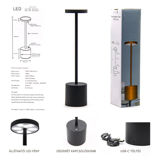 LED ASZTALI LÁMPA 1/20 8x34 cm FEKETE